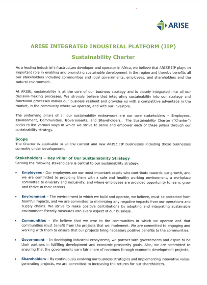 ARISE IIP SUSTAINIBILITY CHARTER