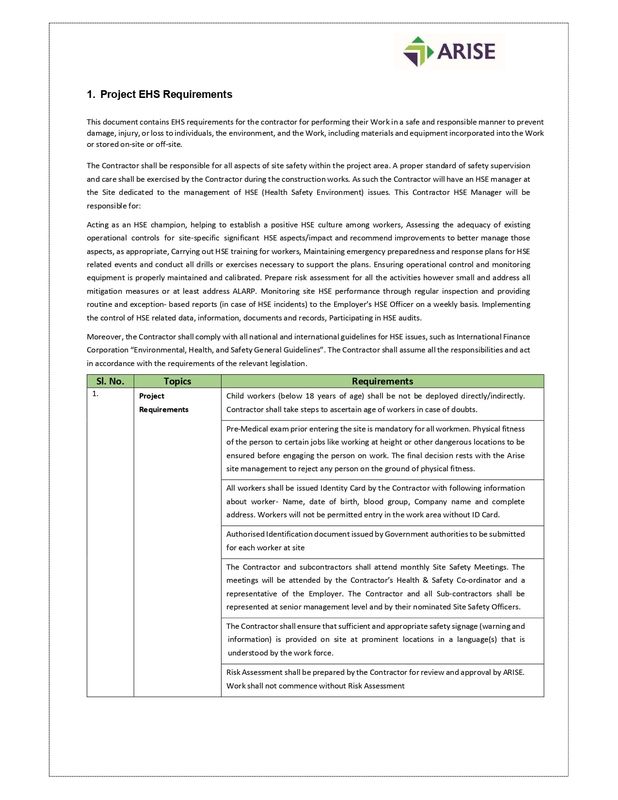 Project EHS requirements, Arise IIP investment guides and documents