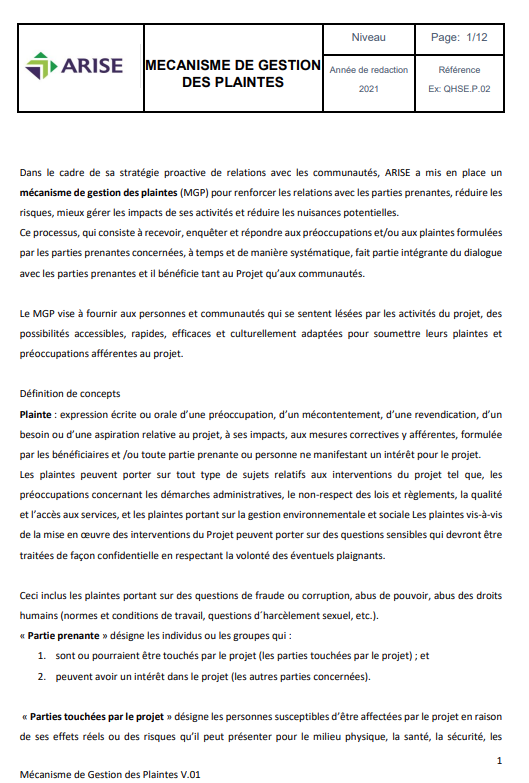 MECANISME DE GESTION GRIEFS – ARISE